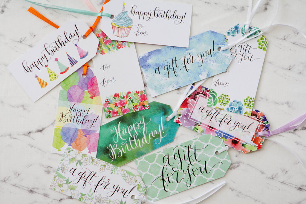 Decorative calligraphy birthday gift tags