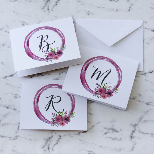 Floral Wreath Initial Cards – Set of 10